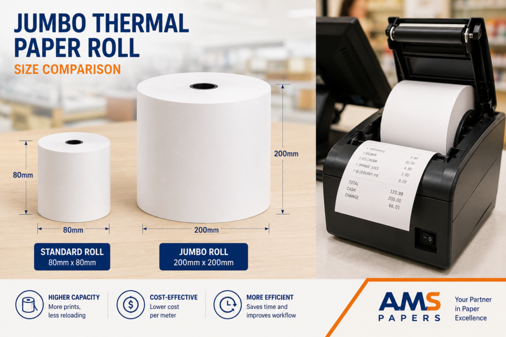 jumbo thermal paper roll compared to standard size for POS printer