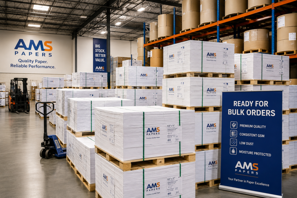 wholesale paper warehouse with pallets ready for bulk order